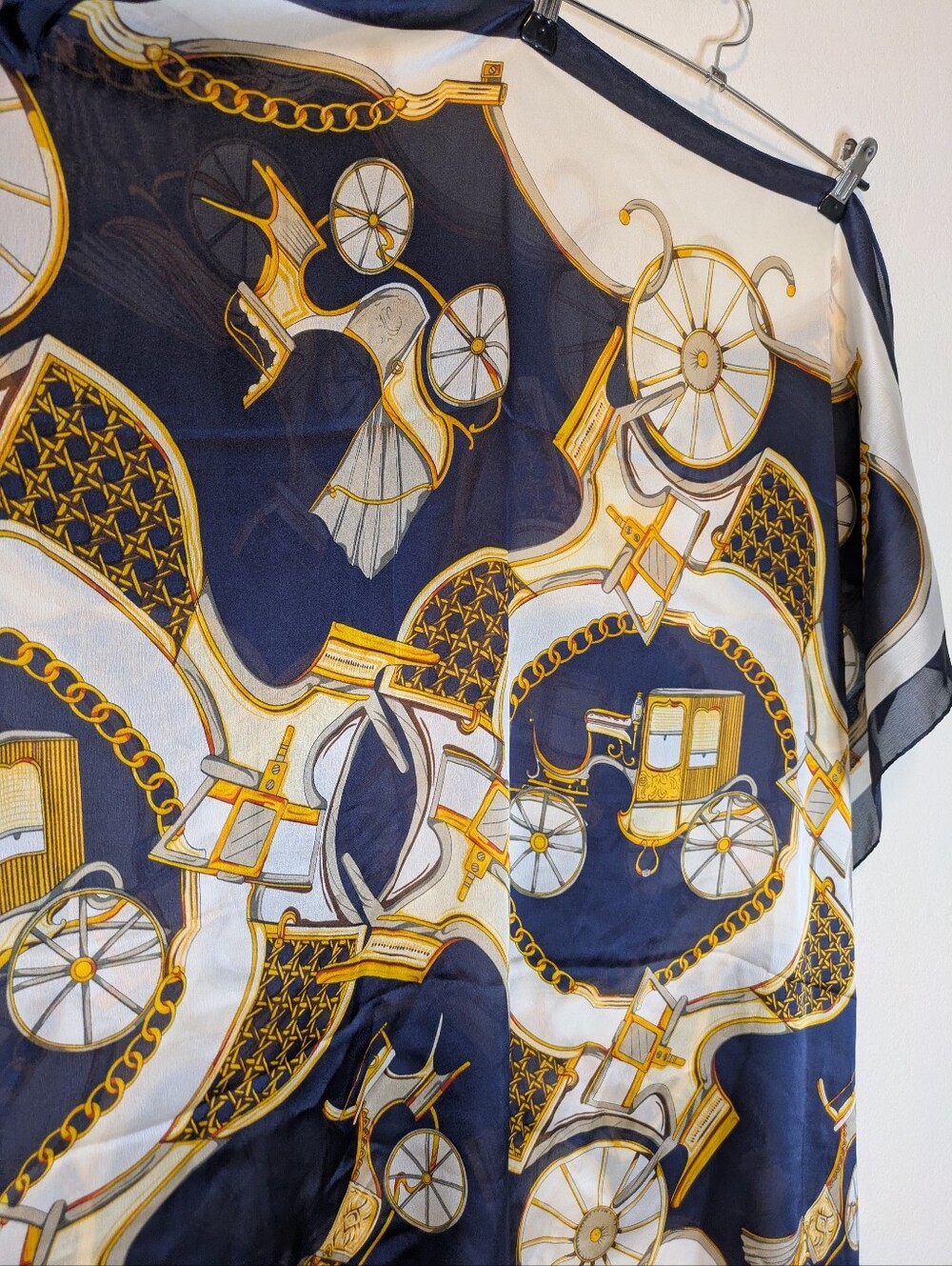 100% Silk Scarf 35"x72" In Navy And White with Gold Equestrian Print - Picture 8 of 9